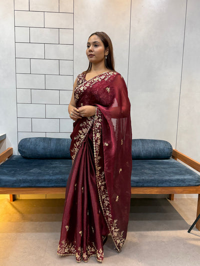 Wine color Space silk Saree with Golden Floral Embroidery & Designer Blouse - Festive & Party Wear