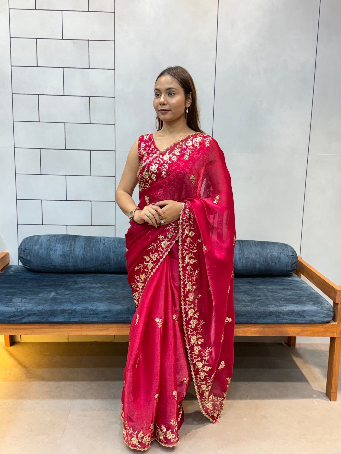 Rani Pink Space silk Saree with Golden Floral Embroidery & Designer Blouse - Festive & Party Wear