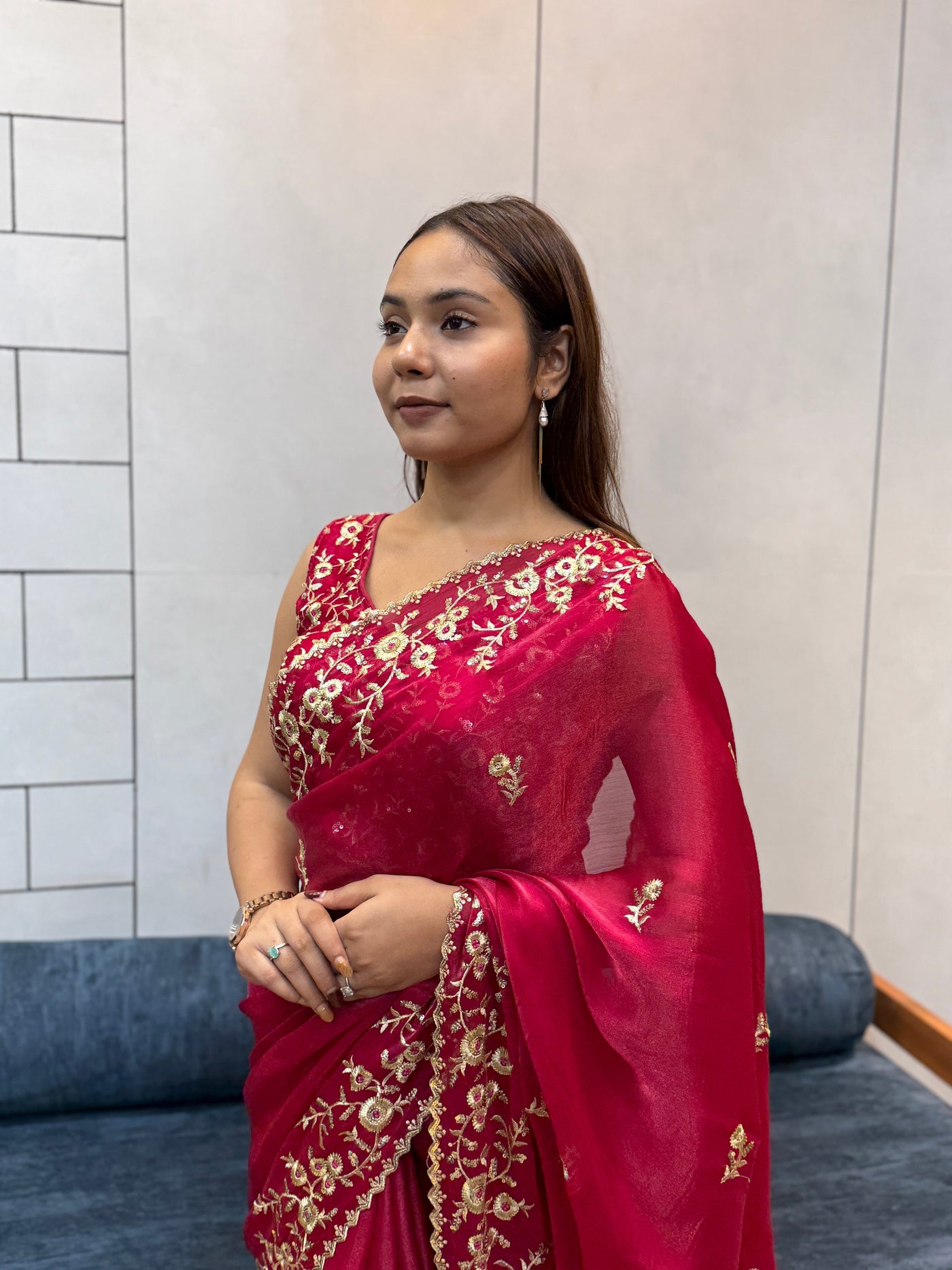 Rani Pink Space silk Saree with Golden Floral Embroidery & Designer Blouse - Festive & Party Wear