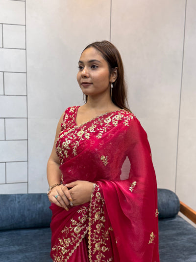 Rani Pink Space silk Saree with Golden Floral Embroidery & Designer Blouse - Festive & Party Wear