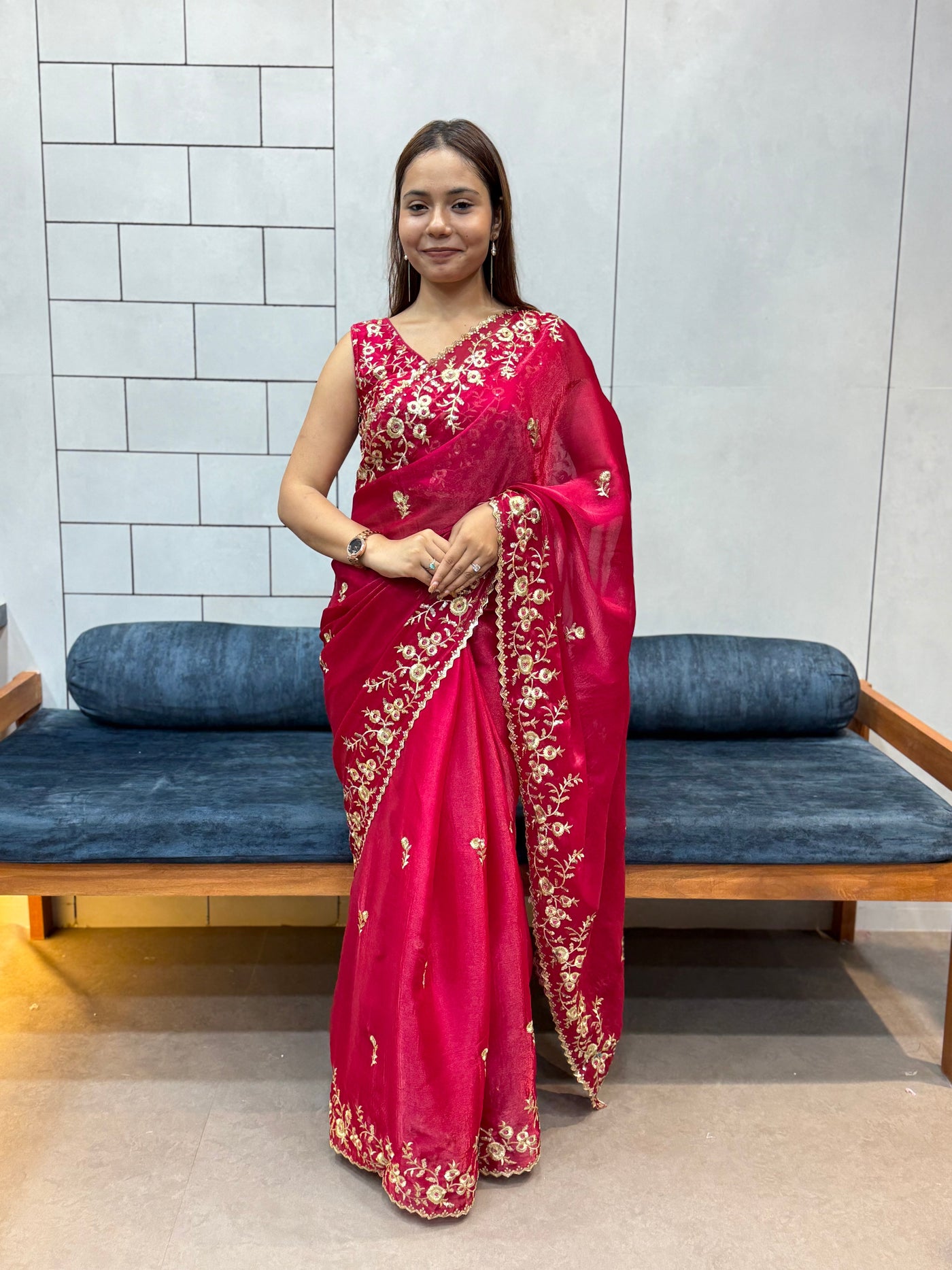 Rani Pink Space silk Saree with Golden Floral Embroidery & Designer Blouse - Festive & Party Wear