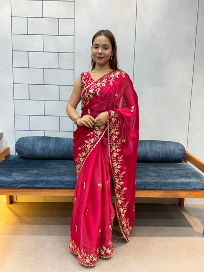 Rani Pink Space silk Saree with Golden Floral Embroidery & Designer Blouse - Festive & Party Wear