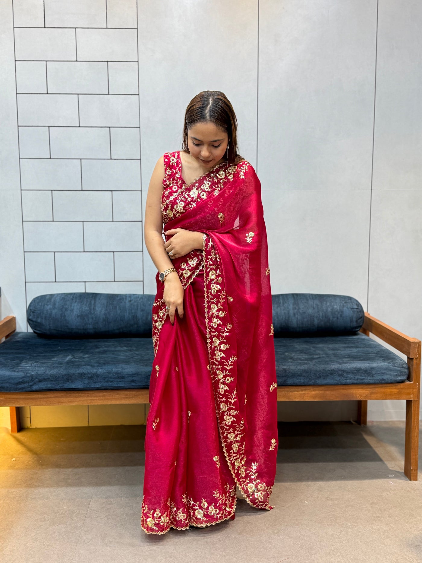 Rani Pink Space silk Saree with Golden Floral Embroidery & Designer Blouse - Festive & Party Wear