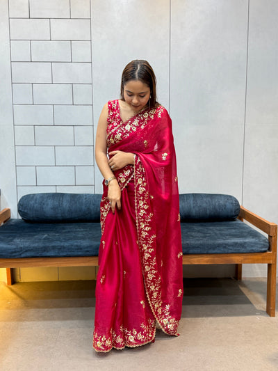 Rani Pink Space silk Saree with Golden Floral Embroidery & Designer Blouse - Festive & Party Wear