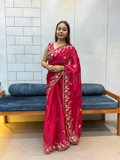 Rani Pink Space silk Saree with Golden Floral Embroidery & Designer Blouse - Festive & Party Wear