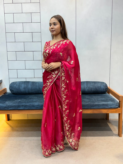 Rani Pink Space silk Saree with Golden Floral Embroidery & Designer Blouse - Festive & Party Wear