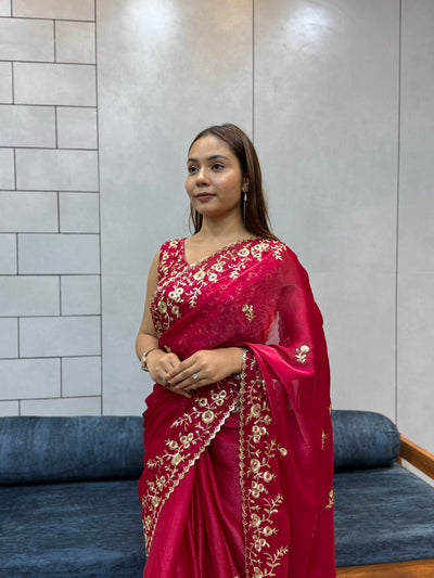 Rani Pink Space silk Saree with Golden Floral Embroidery & Designer Blouse - Festive & Party Wear