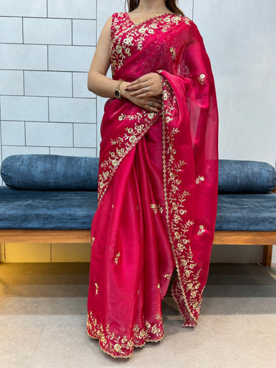 Rani Pink Space silk Saree with Golden Floral Embroidery & Designer Blouse - Festive & Party Wear