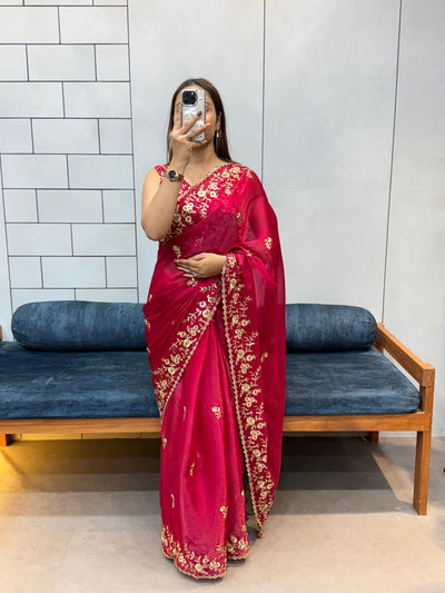 Rani Pink Space silk Saree with Golden Floral Embroidery & Designer Blouse - Festive & Party Wear