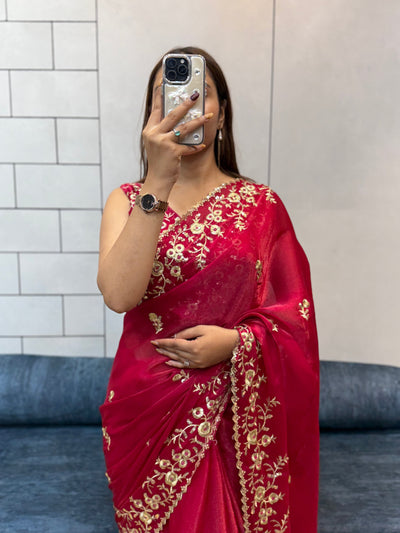 Rani Pink Space silk Saree with Golden Floral Embroidery & Designer Blouse - Festive & Party Wear