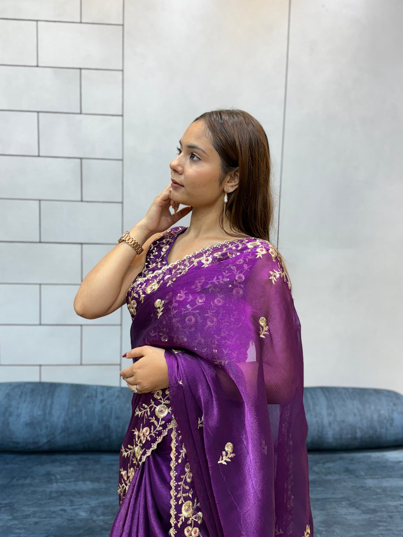 Jamuni Purple Space silk Saree with Golden Floral Embroidery & Designer Blouse - Festive & Party Wear