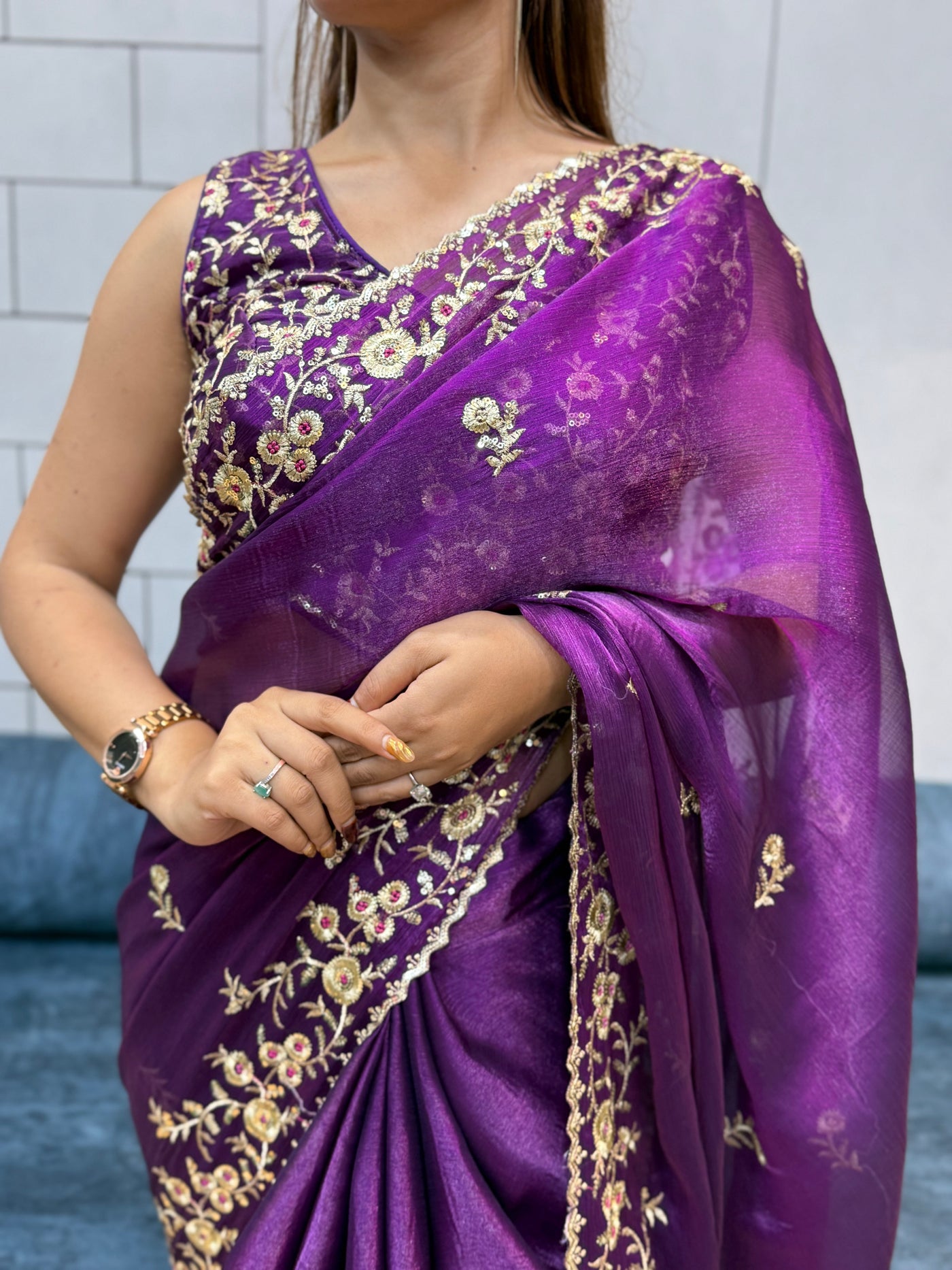 Jamuni Purple Space silk Saree with Golden Floral Embroidery & Designer Blouse - Festive & Party Wear