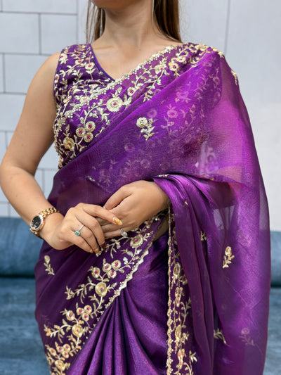 Jamuni Purple Space silk Saree with Golden Floral Embroidery & Designer Blouse - Festive & Party Wear