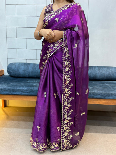 Jamuni Purple Space silk Saree with Golden Floral Embroidery & Designer Blouse - Festive & Party Wear