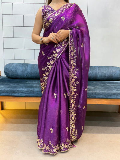 Jamuni Purple Space silk Saree with Golden Floral Embroidery & Designer Blouse - Festive & Party Wear
