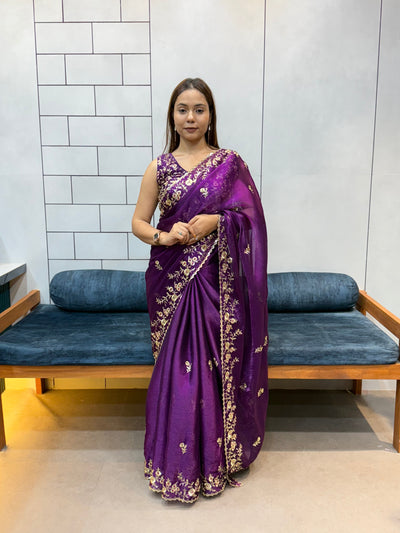Jamuni Purple Space silk Saree with Golden Floral Embroidery & Designer Blouse - Festive & Party Wear