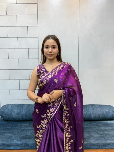 Jamuni Purple Space silk Saree with Golden Floral Embroidery & Designer Blouse - Festive & Party Wear