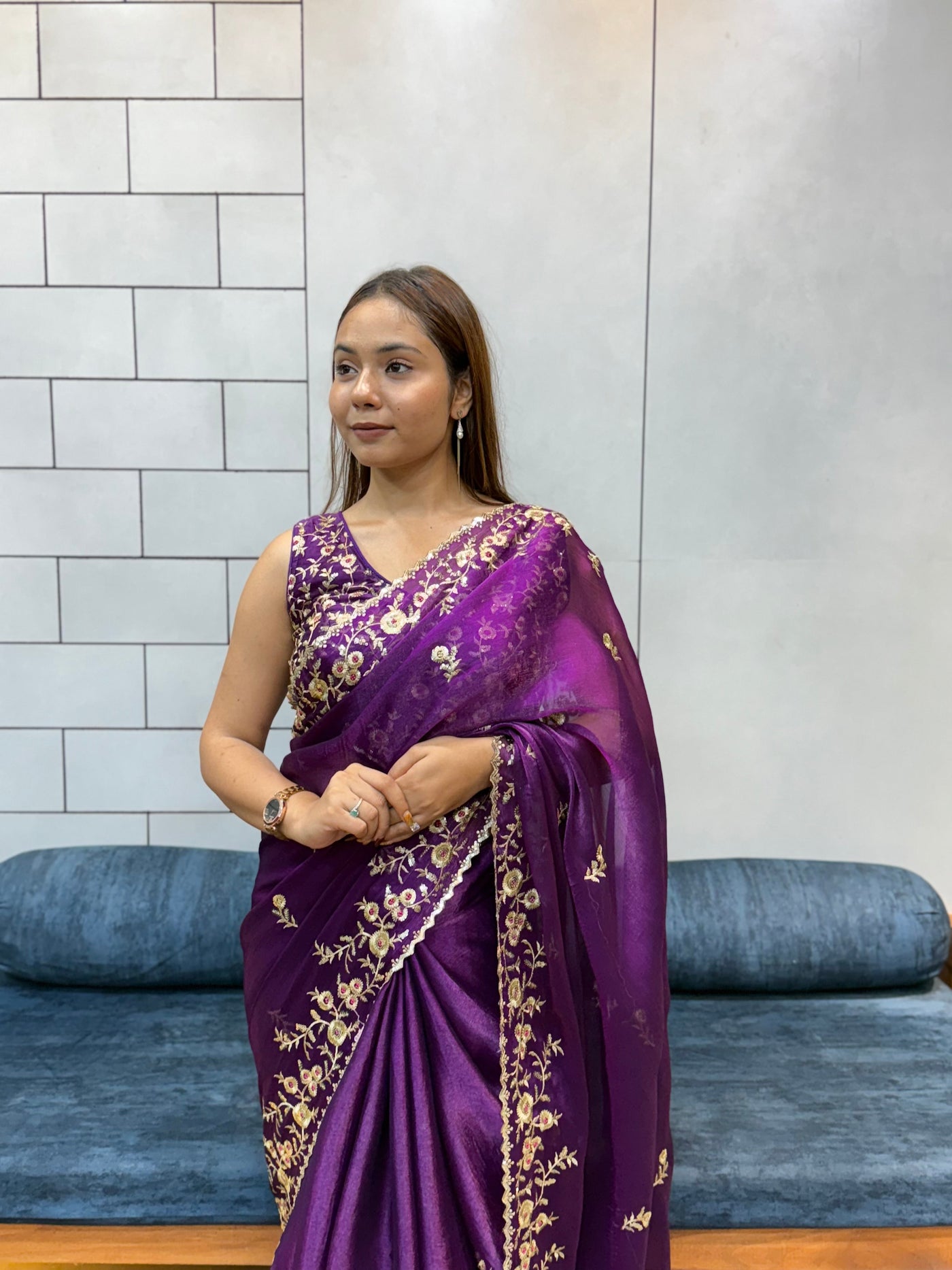 Jamuni Purple Space silk Saree with Golden Floral Embroidery & Designer Blouse - Festive & Party Wear