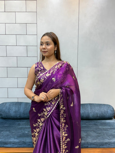 Jamuni Purple Space silk Saree with Golden Floral Embroidery & Designer Blouse - Festive & Party Wear