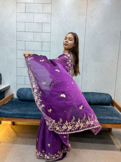 Jamuni Purple Space silk Saree with Golden Floral Embroidery & Designer Blouse - Festive & Party Wear