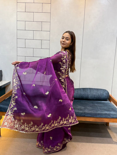 Jamuni Purple Space silk Saree with Golden Floral Embroidery & Designer Blouse - Festive & Party Wear