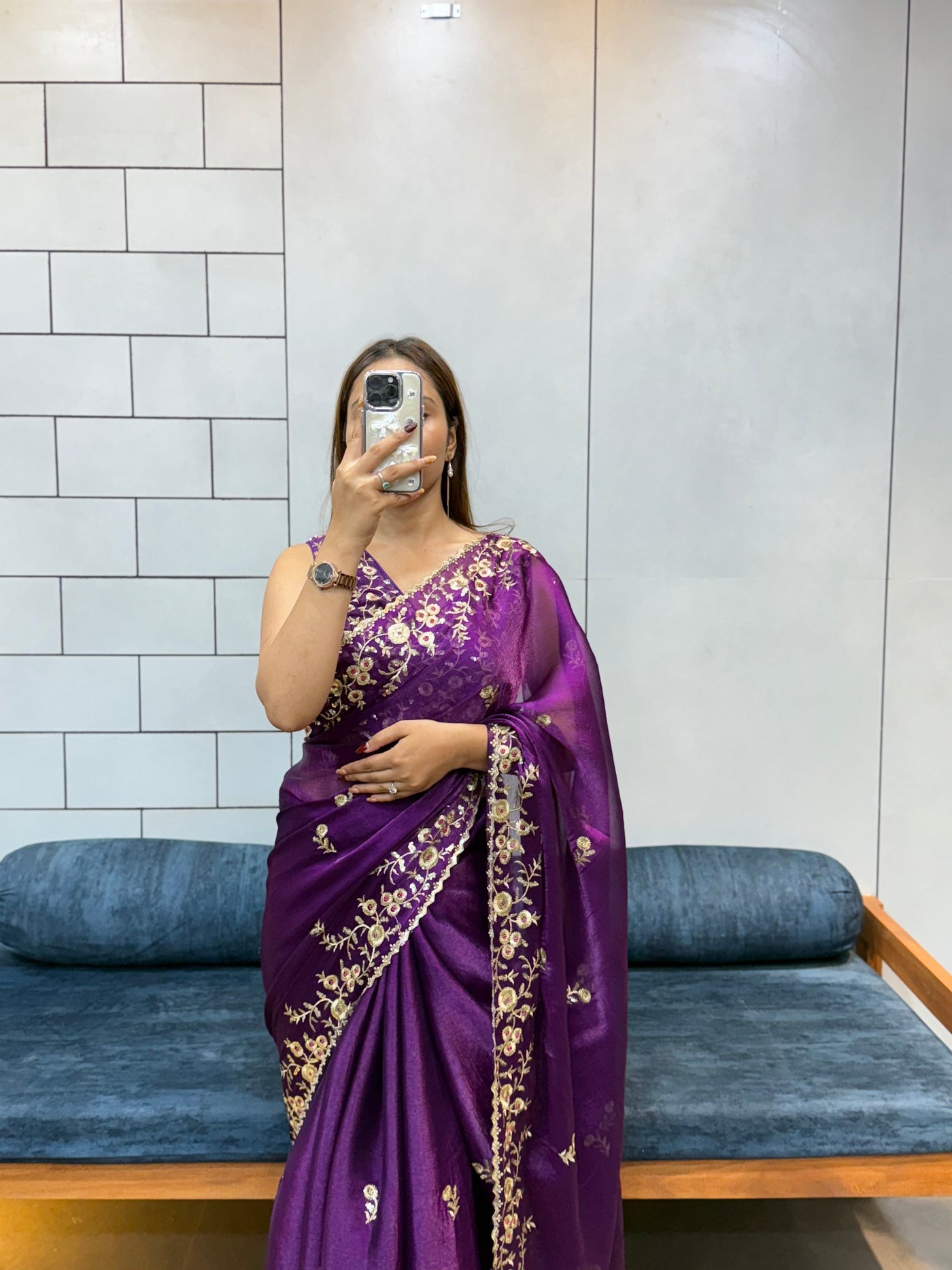 Jamuni Purple Space silk Saree with Golden Floral Embroidery & Designer Blouse - Festive & Party Wear