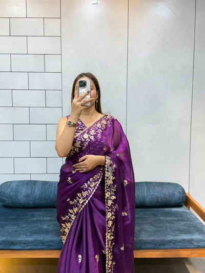 Jamuni Purple Space silk Saree with Golden Floral Embroidery & Designer Blouse - Festive & Party Wear