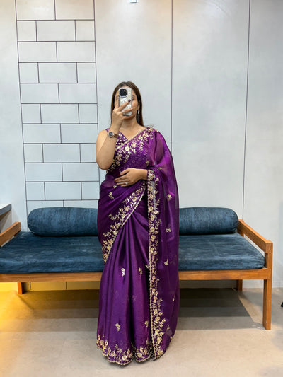 Jamuni Purple Space silk Saree with Golden Floral Embroidery & Designer Blouse - Festive & Party Wear