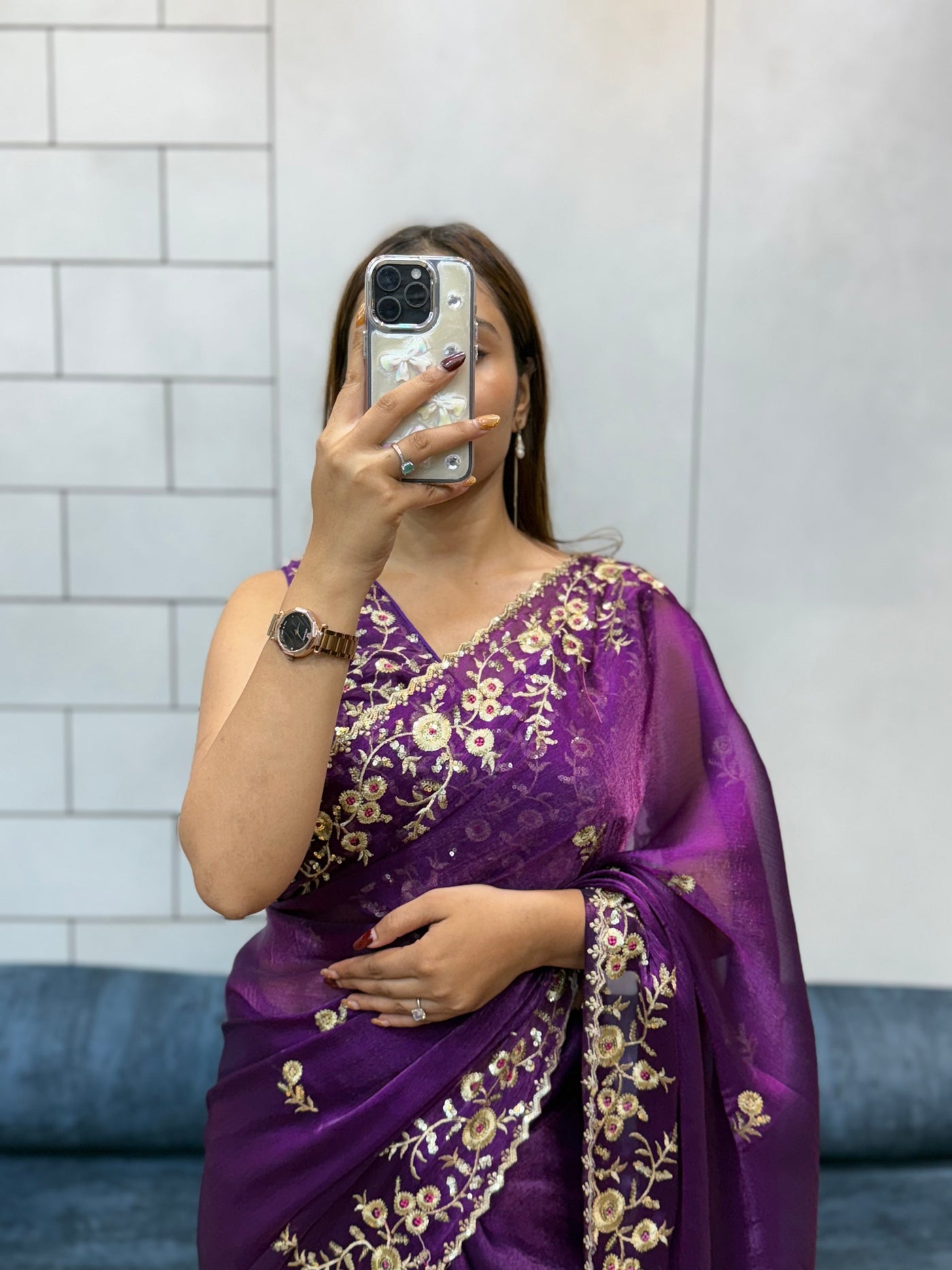 Jamuni Purple Space silk Saree with Golden Floral Embroidery & Designer Blouse - Festive & Party Wear