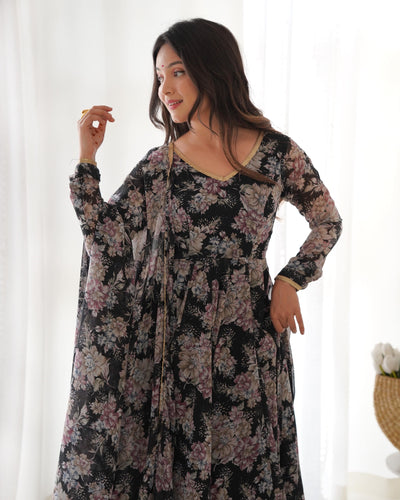 Black Floral Print Anarkali Set with Dupatta & Pants - Luxe Georgette Ensemble