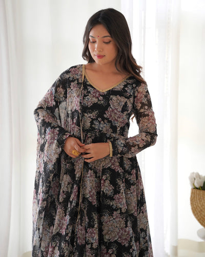 Black Floral Print Anarkali Set with Dupatta & Pants - Luxe Georgette Ensemble