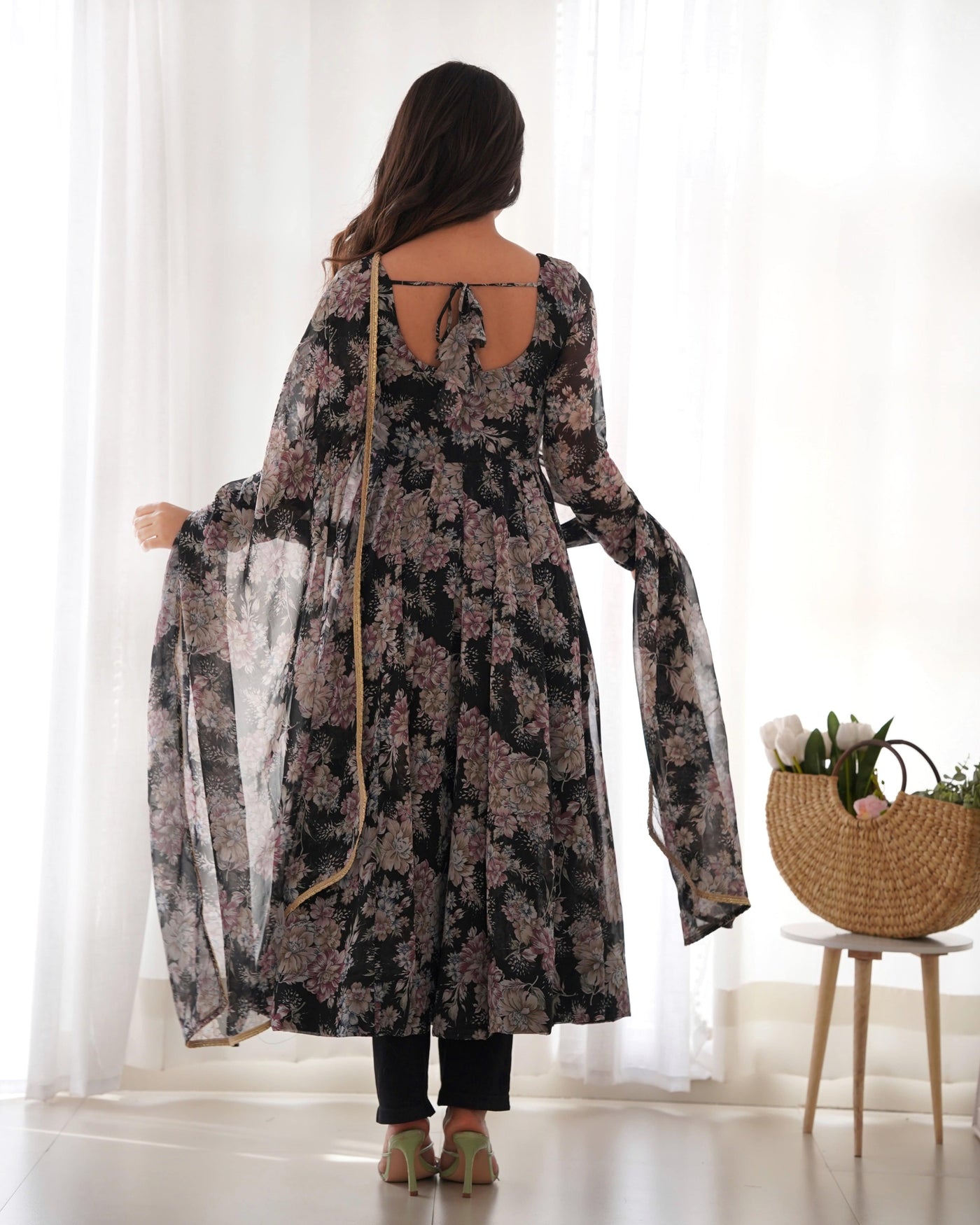 Black Floral Print Anarkali Set with Dupatta & Pants - Luxe Georgette Ensemble