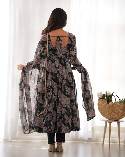 Black Floral Print Anarkali Set with Dupatta & Pants - Luxe Georgette Ensemble