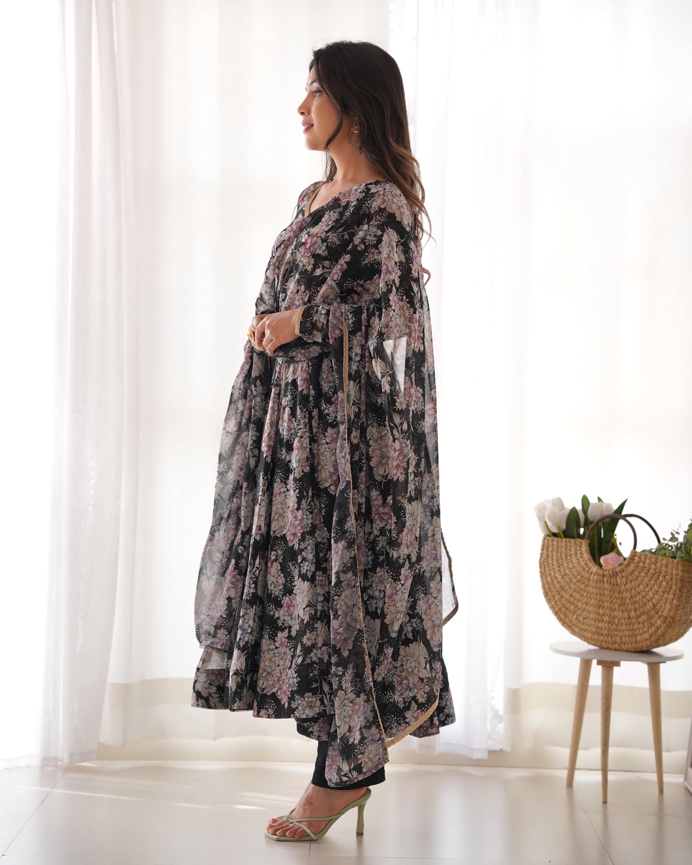 Black Floral Print Anarkali Set with Dupatta & Pants - Luxe Georgette Ensemble
