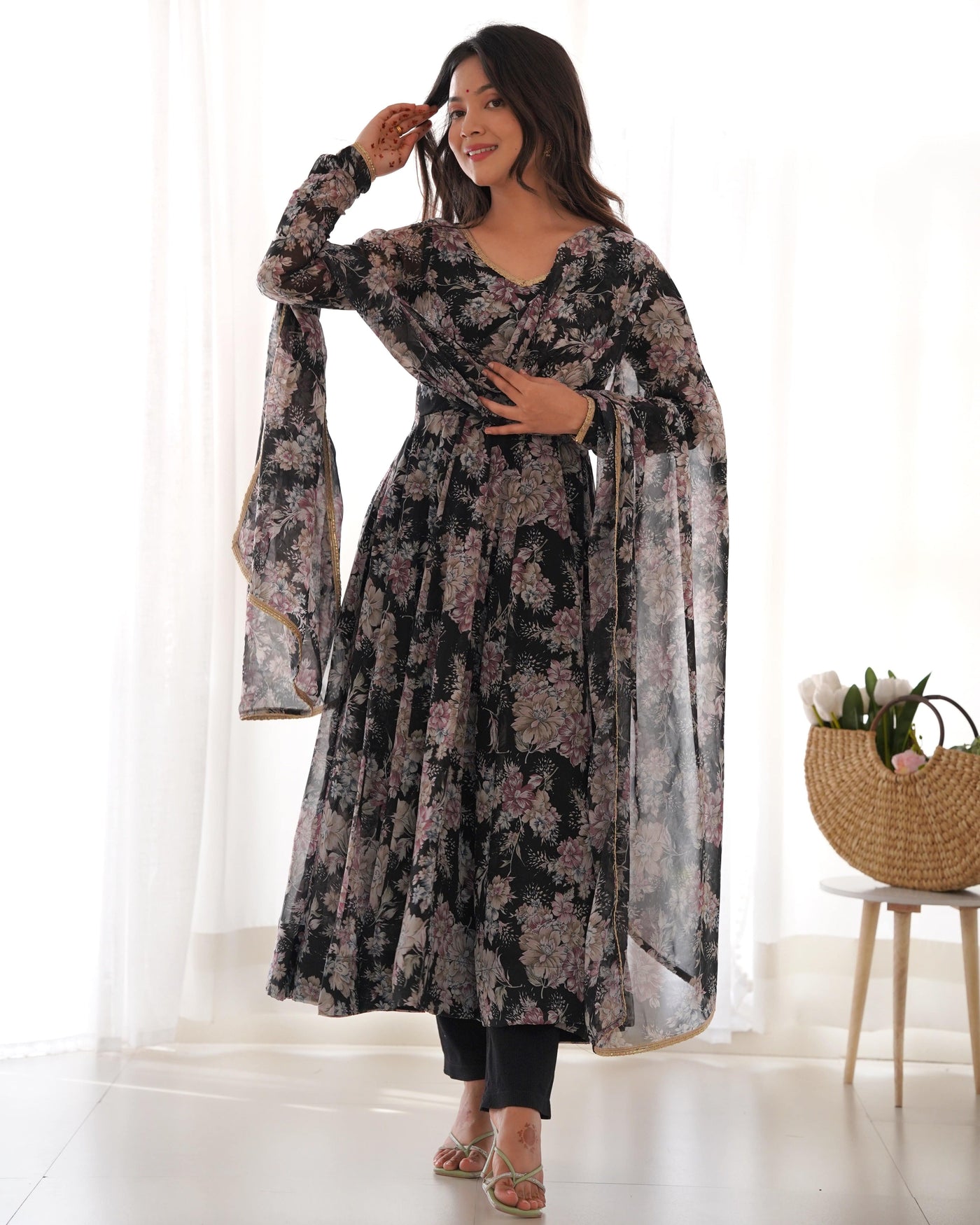 Black Floral Print Anarkali Set with Dupatta & Pants - Luxe Georgette Ensemble
