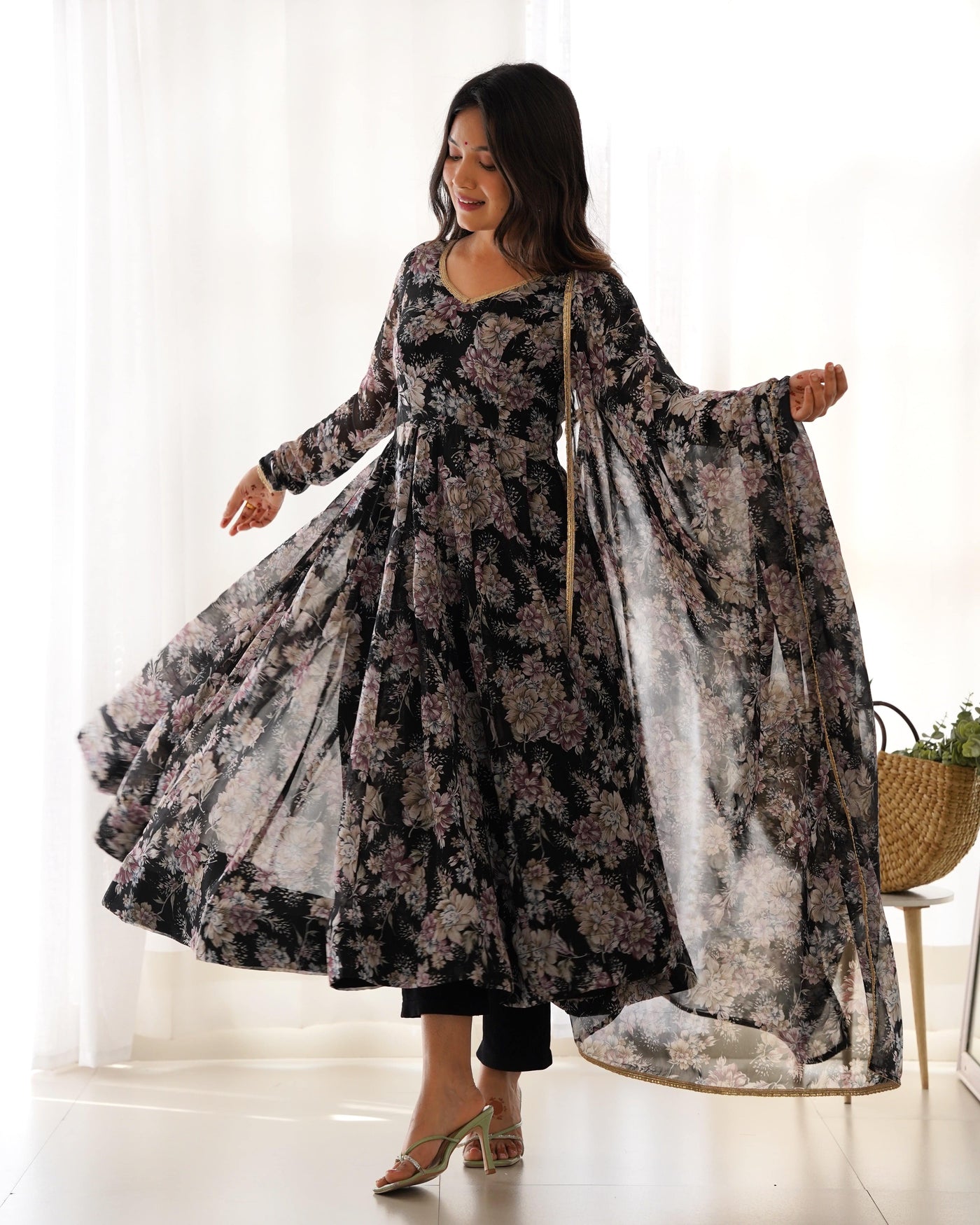 Black Floral Print Anarkali Set with Dupatta & Pants - Luxe Georgette Ensemble