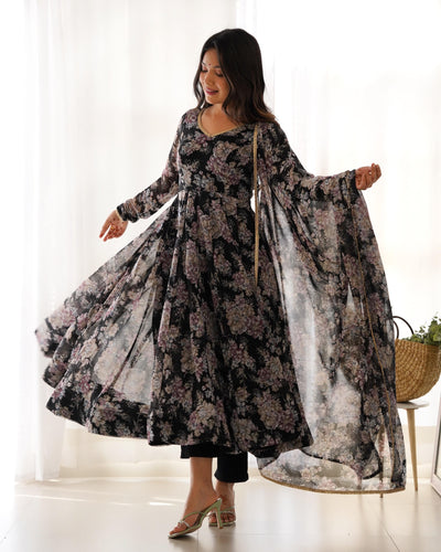 Black Floral Print Anarkali Set with Dupatta & Pants - Luxe Georgette Ensemble