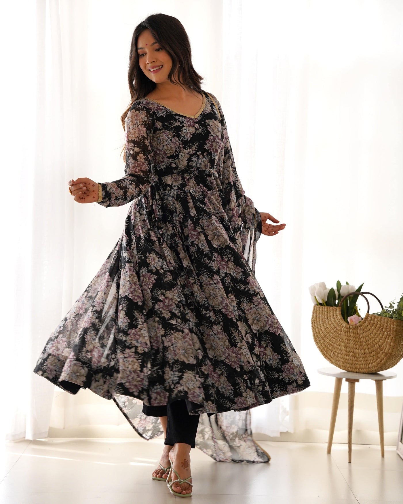 Black Floral Print Anarkali Set with Dupatta & Pants - Luxe Georgette Ensemble