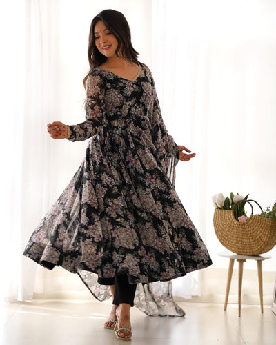 Black Floral Print Anarkali Set with Dupatta & Pants - Luxe Georgette Ensemble
