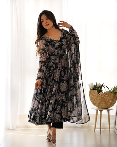 Black Floral Print Anarkali Set with Dupatta & Pants - Luxe Georgette Ensemble