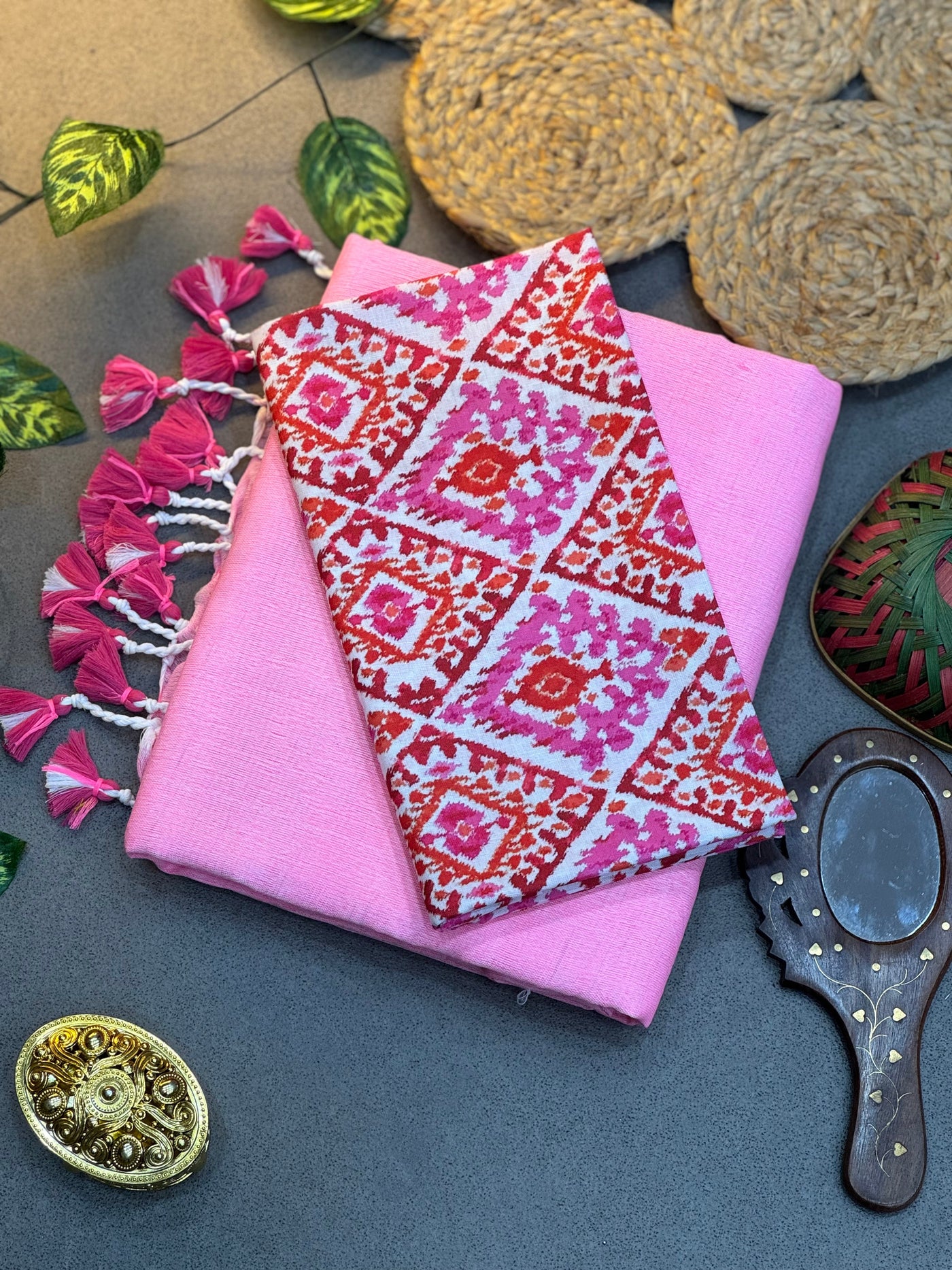 Handwoven Khadi Cotton Saree in Baby Pink with Designer Ikat Print Blouse Fabric