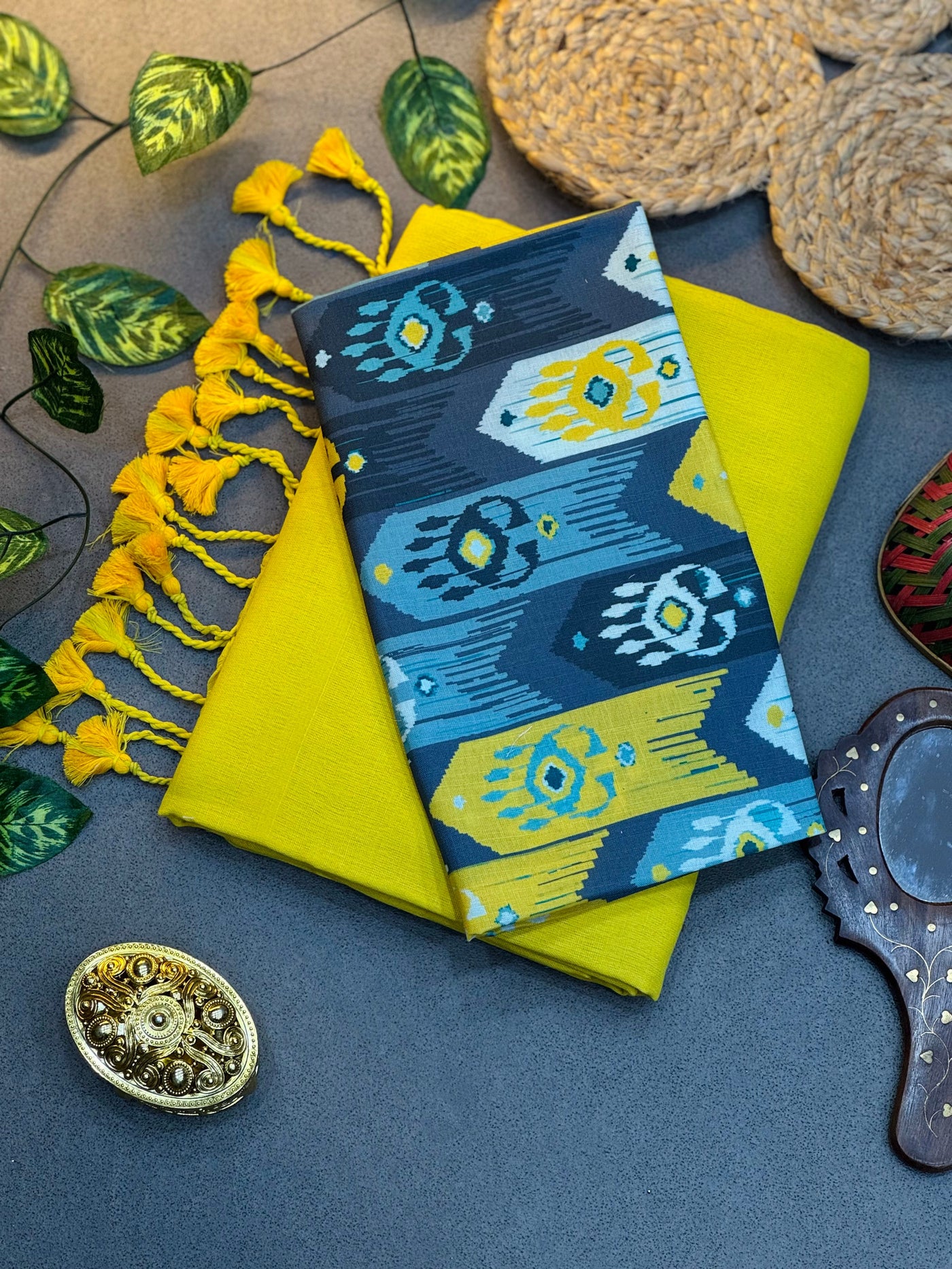 Handwoven Yellow Khadi Cotton Saree with Tassels & Multicolor Ikat Digital Print Blouse