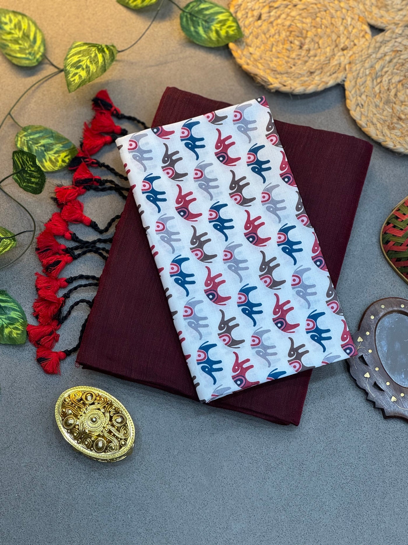 Handwoven Maroon Khadi Cotton Saree with Multicolor Digital Print Blouse