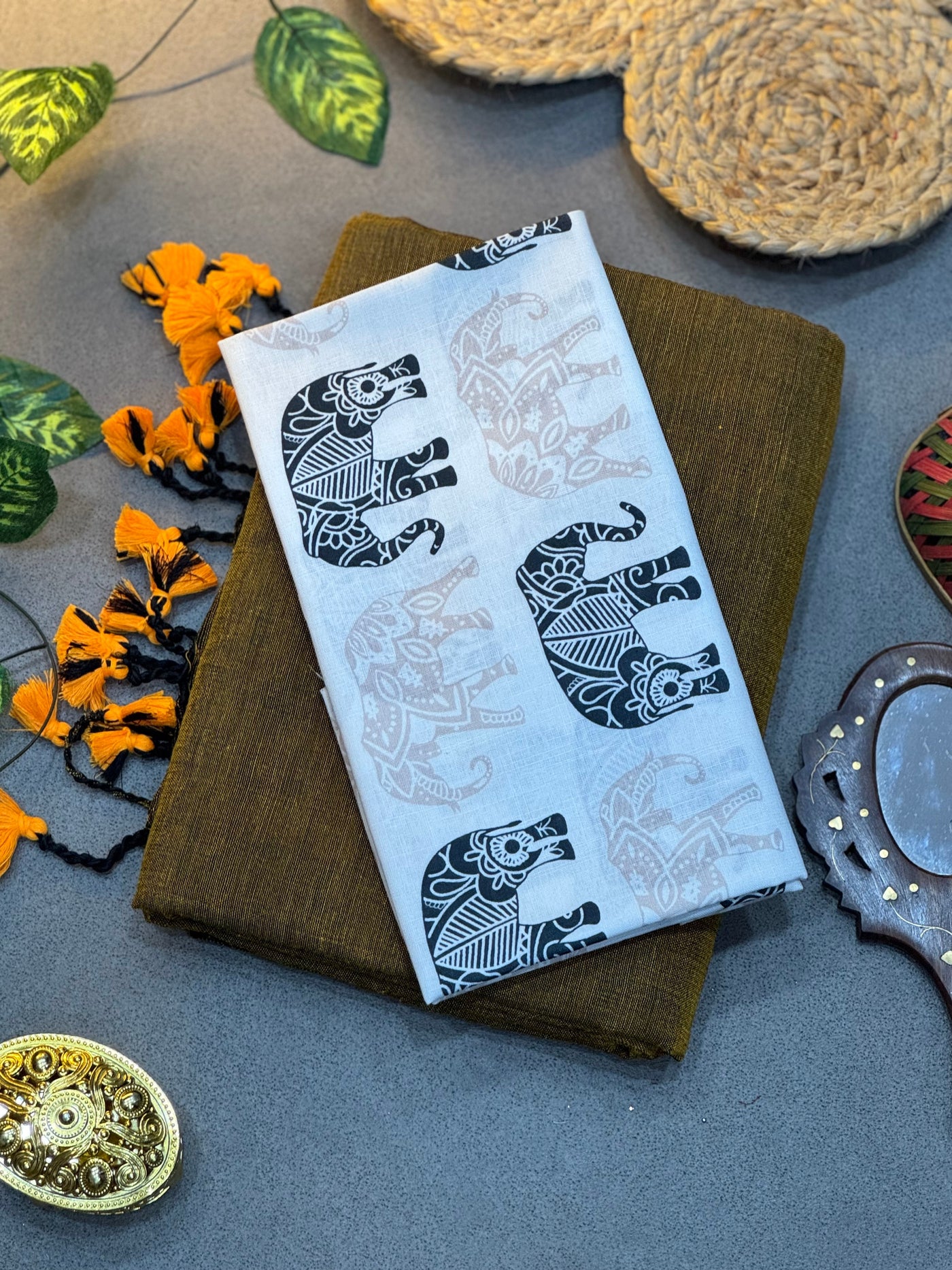 Handwoven Olive Green Khadi Cotton Saree with White Elephant Digital Print Blouse