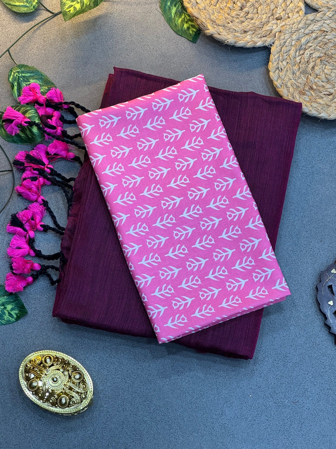 Handwoven Maroon Khadi Cotton Saree with Pink Leaf Pattern Digital Printed Blouse