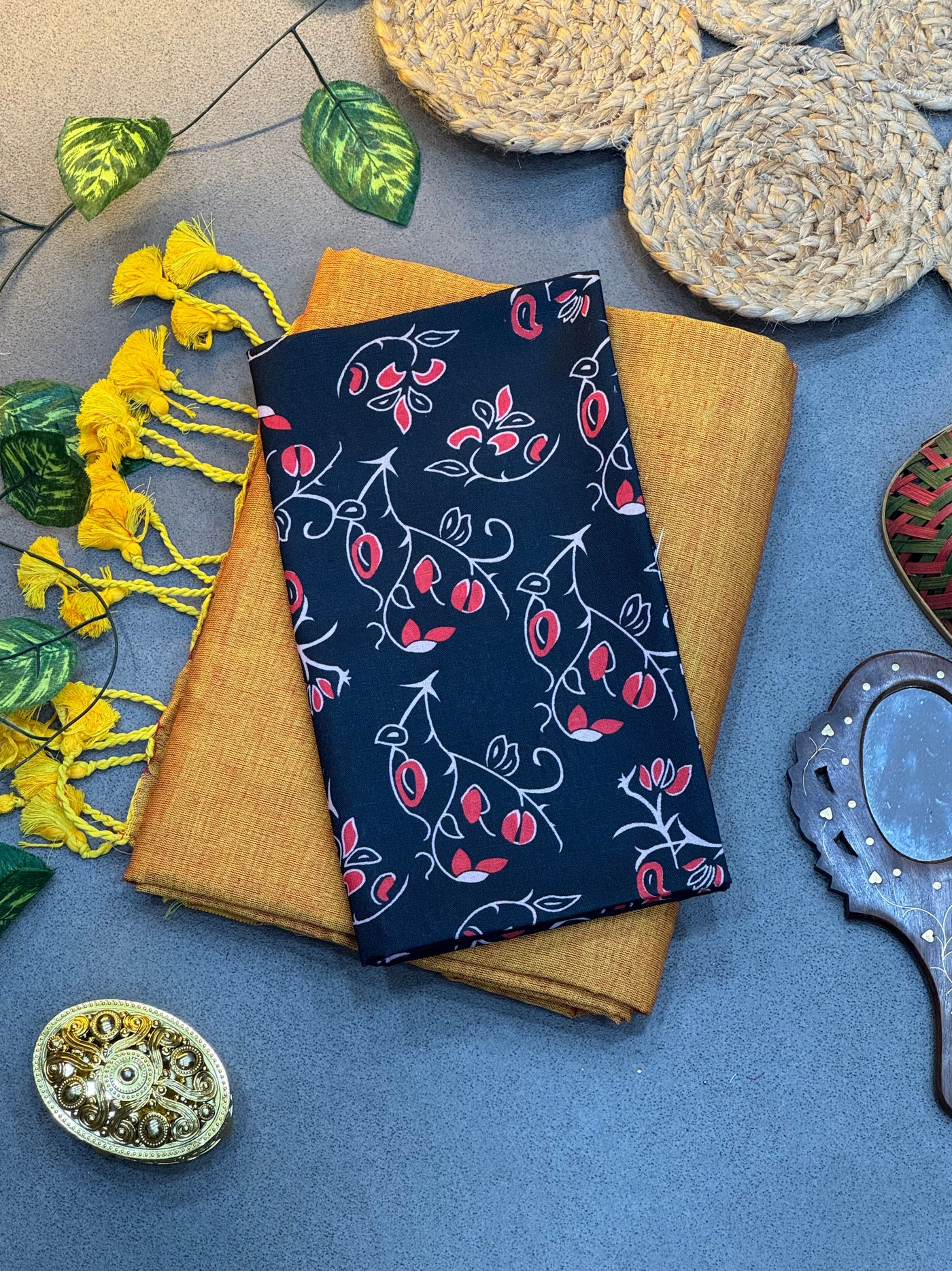 Handwoven Mustard Yellow Khadi Cotton Saree Paired with Black Red Floral Digital Blouse