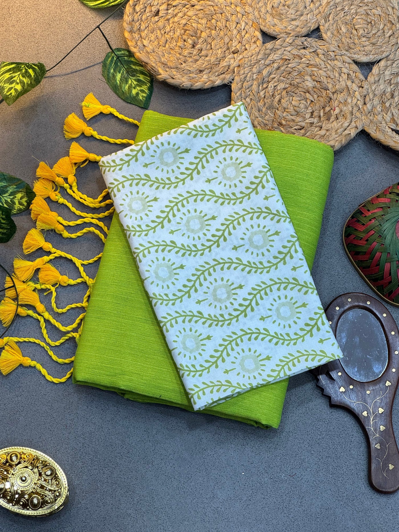 Handwoven Lime Green Khadi Cotton Saree with White & Green Floral Digital Print Blouse