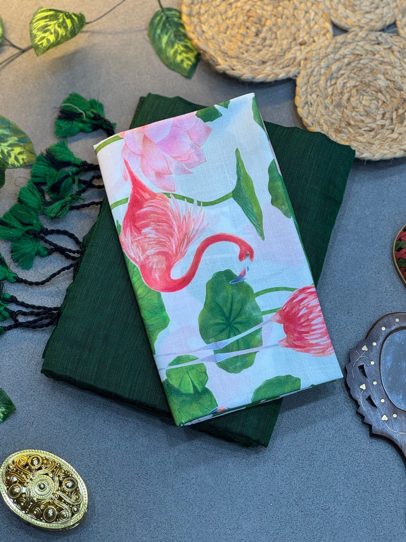 Handwoven Bottle Green Khadi Cotton Saree with White Flamingo & Lotus Digital Print Blouse