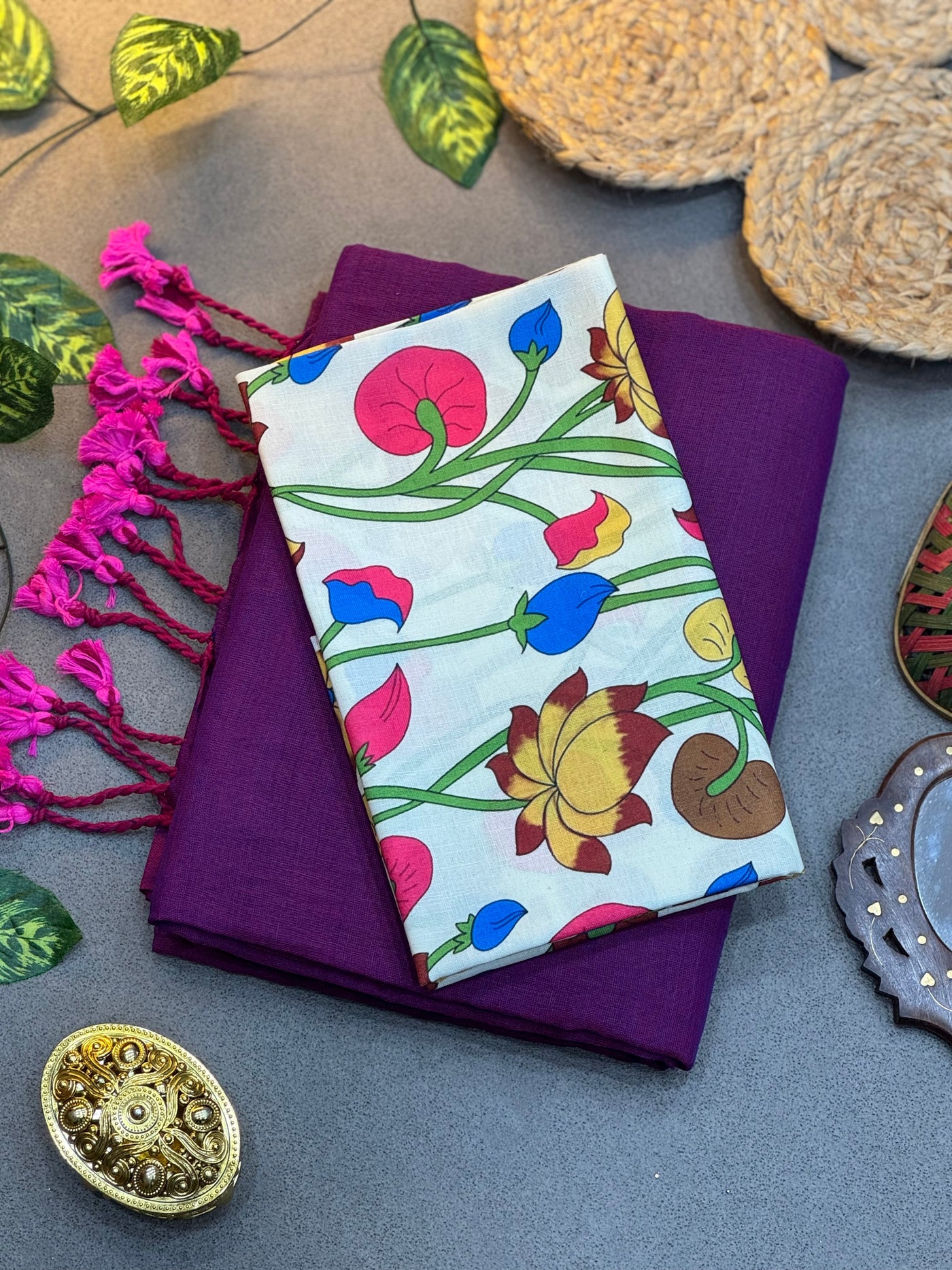 Handwoven Deep Purple Khadi Cotton Saree with White Multicolor Lotus Digital Print Blouse