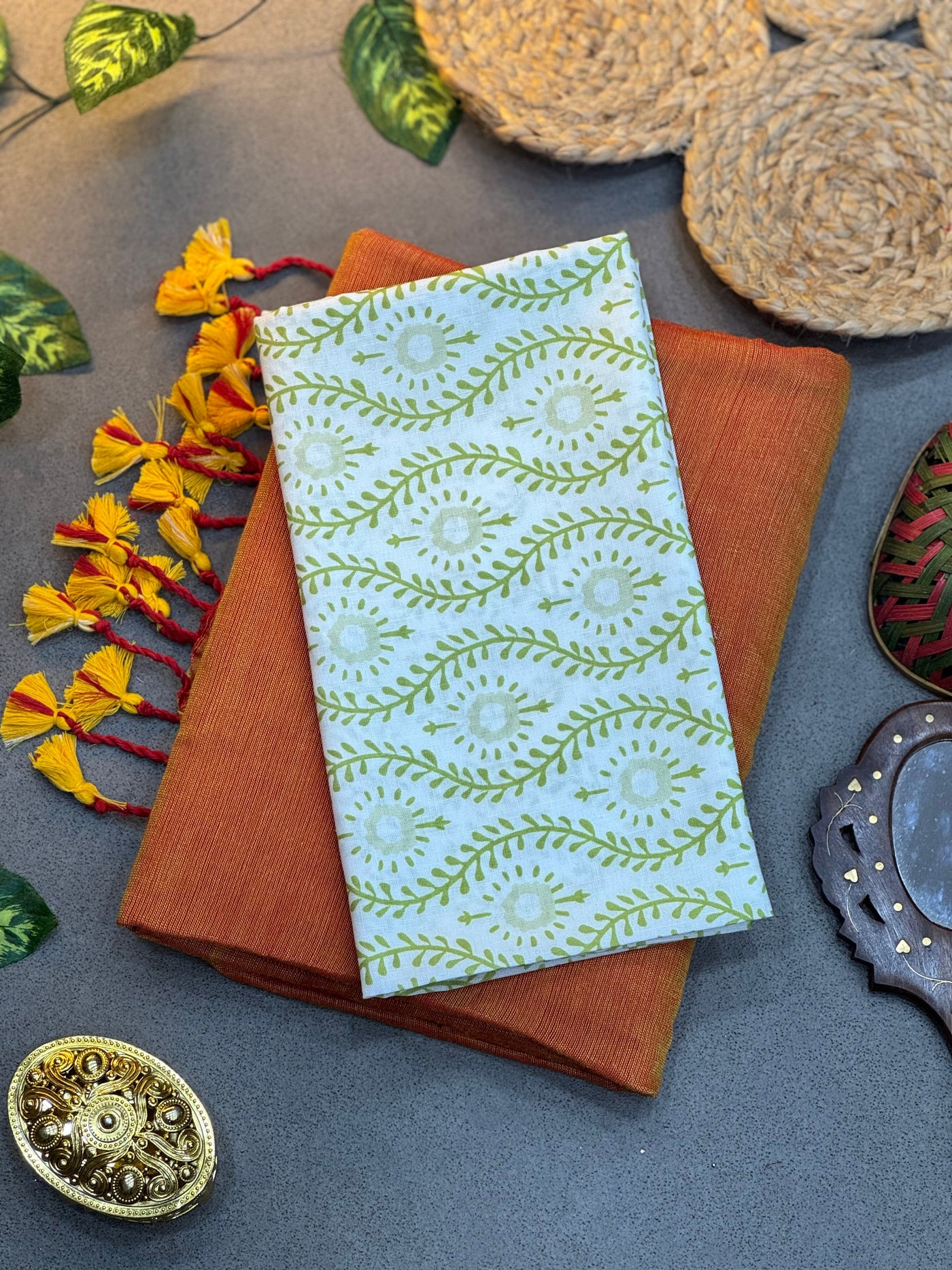 Handwoven Rust Orange Khadi Cotton Saree with White & Green Floral Digital Print Blouse